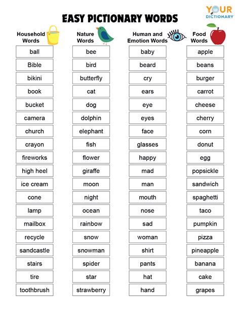 Printable Pictionary Words